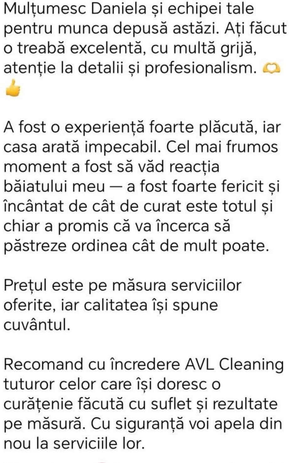 Feedback client pentru servicii de curățenie AVL Cleaning